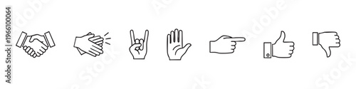 Set of Hand Gesture Outline Icons - Handshake, Applause, Rock and Roll, Open Palm, Pointing Finger, Thumbs Up and Thumbs Down