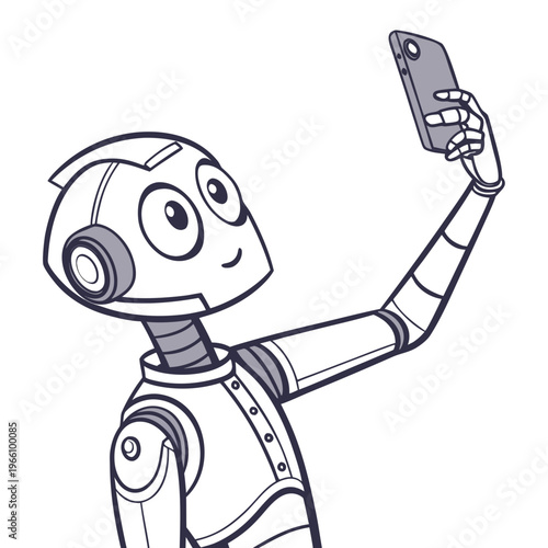 Robot taking selfie with smartphone close up white and gray cartoon