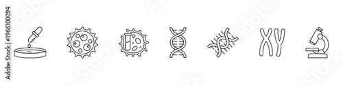 Set of genetics and biology laboratory line icons including DNA double helix, XY chromosomes, microscope, petri dish, and virus cells.