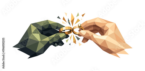 Polygonal Wedding Rings. Low-poly vector illustration focused on wedding ring exchange, two faceted hands delicately bringing