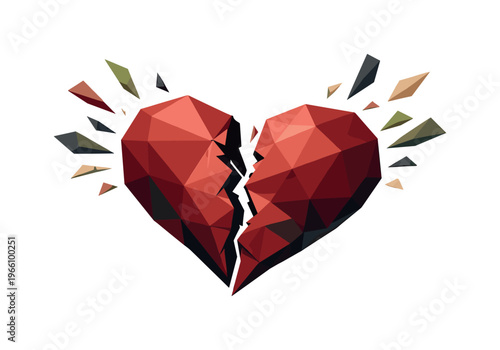 Low-poly vector illustration focused on breakup heart crack, faceted heart splitting apart along a sharp jagged fracture line,