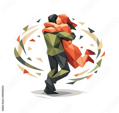 Low-poly vector illustration focused on friendship hug spin, two faceted human figures embracing in a joyful spinning hug with
