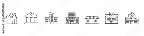 Set of building line icons including house, bank, office skyscraper, apartment, shop, and hospital symbols. Minimalist vector illustration for web, maps, and architectural design.