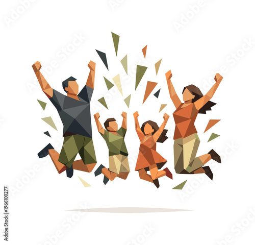 Low-poly vector illustration focused on family group leap, faceted family silhouettes jumping together with arms raised in