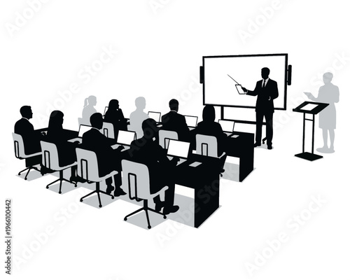 Silhouetted business professionals actively participate in a corporate presentation, led by a male speaker utilizing a modern whiteboard and tablet.