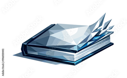 Low-poly vector illustration focused on library book flip showing the setup moment before the page turn, geometric book resting