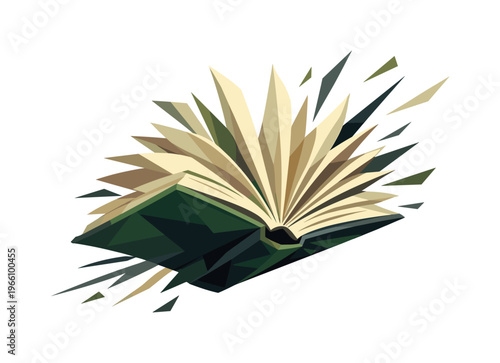 Low-poly vector illustration focused on library book flip, faceted hardcover book snapping open with angular pages flipping