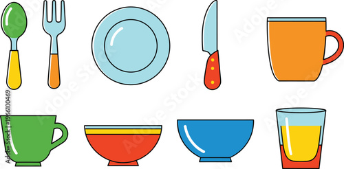 Tableware and Kitchenware Icons Set Featuring Spoon, Fork, Knife, Plate, Bowl, Cup, and Glass for Dining, Kitchen, and Food Design