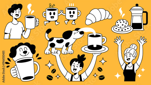 A vibrant and playful cartoon illustration depicts a delightful coffee break scene. It features smiling people enjoying coffee, a dog pouring a cup, and delicious pastries, perfect for marketing, 