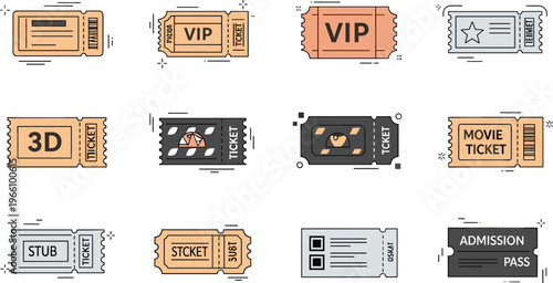 Ticket Collection Featuring VIP, Movie, 3D, Admission, and Stub Tickets for Event and Entertainment Design Illustrations