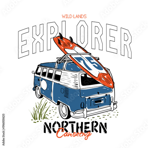 Explorer Northern adventure. Surfboard with Car. summer beach graphic design. Hand Drawing artwork. vintage Graphic tee t-shirt design.