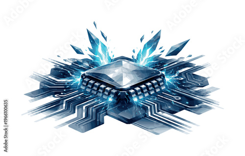 Low-poly vector illustration focused on circuit board spark showing the setup moment before activation, geometric circuit board