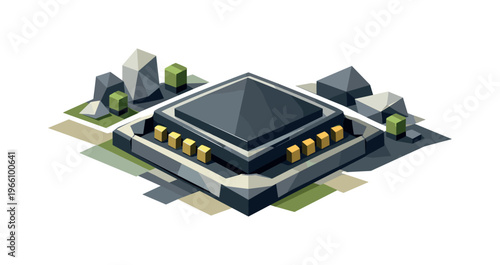 Low-poly vector illustration focused on microchip drop seat after secure installation, geometric microchip resting firmly in the