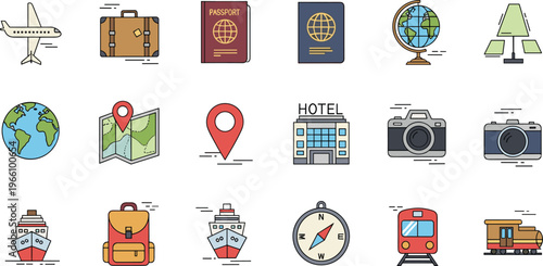 Travel and Adventure Icons Set Featuring Airplane, Passport, Hotel, Globe, and Camera for Vacation and Exploration Design