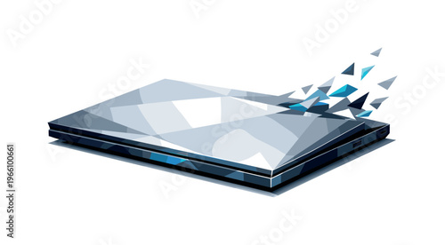 Low-poly vector illustration focused on laptop open snap showing the setup moment before opening, geometric closed laptop resting