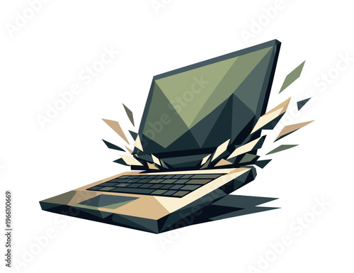 Low-poly vector illustration focused on laptop open snap, faceted laptop snapping open with angular screen lifting upward and