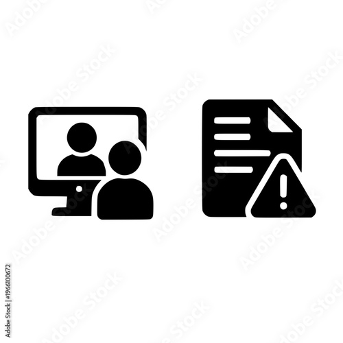 Family watching TV together at home with warning sign on screen flat vector illustration