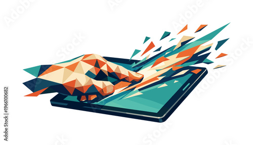Low-poly vector illustration focused on tablet swipe streak during the fast swipe action, faceted finger dragging across the