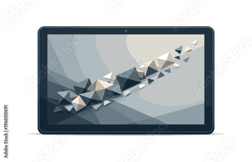 Low-poly vector illustration focused on tablet swipe streak after the gesture completes, geometric tablet screen calm with