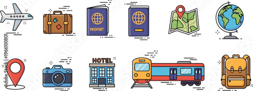 Travel Essentials Icons Featuring Airplane, Passport, Camera, Train, Globe, and Map for Vacation and Exploration Design