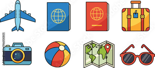 Travel and Vacation Icons Set Featuring Airplane, Passport, Luggage, Camera, Beach Ball, Map, and Sunglasses for Holiday, Adventure, and Tourism Designs