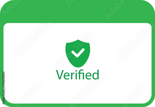 green shield verified checkmark security badge card flat design authentication trust protection approval icon isolated background.
