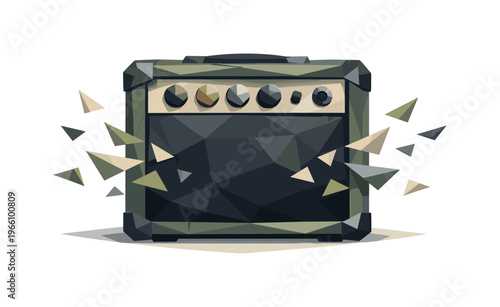 Low-poly vector illustration focused on amplifier power burst after the surge stabilizes, geometric amplifier resting calmly with