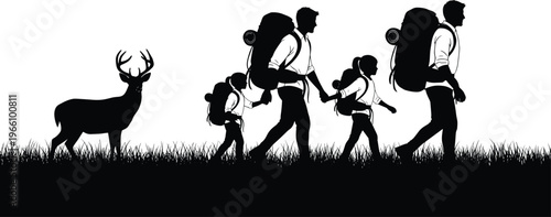 Silhouette of a family with backpacks and gear hiking through a meadow while watching wild deer in nature flavector
