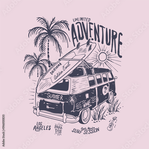 Surfing with surfboard in sea side palm beach. tropical paradise in vector graphic tee. palm tree with sun. t-shirt design. Sweatshirt graphic tee. perfects for girl's women's with boys fashion style.