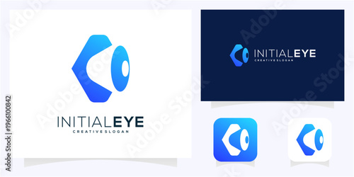 Simple Letter C initial with Eye logo design idea. Abstract vision monogram blue gradient icon symbol.