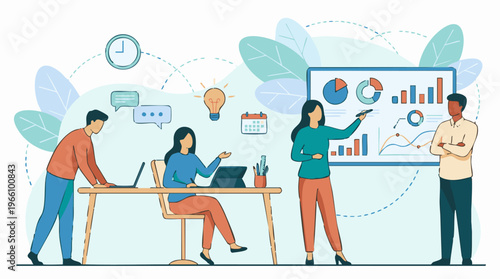 Business team collaborating on project, analyzing data, and presenting results