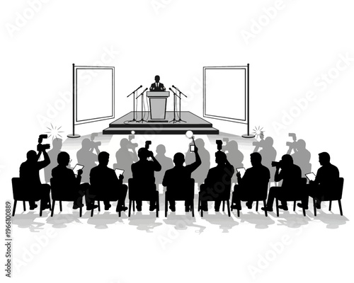 Silhouette illustration shows a speaker addressing an audience of media and attendees at a press conference or public event.