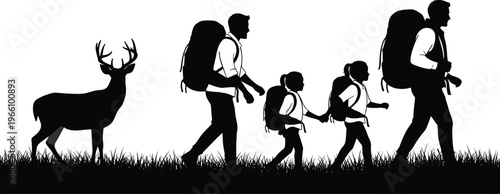 Silhouette of a family with backpacks hiking in nature and watching a wild deer in the meadow during travel flavector