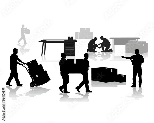 Various male silhouettes depicting movers transporting boxes, assembling furniture, and managing logistics during an office relocation process.