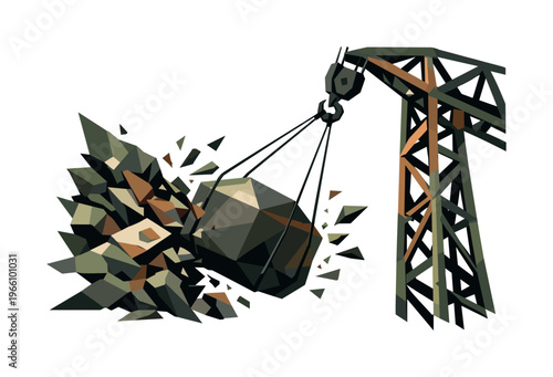 Crane Swing Dynamics. Low-poly vector illustration focused on a crane swing load with tension and obstacle, heavy faceted cargo