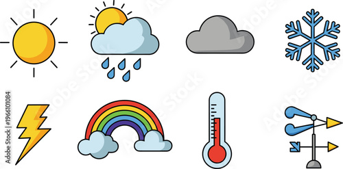 Weather and Climate Icons Set Featuring Sun, Rain, Snow, Rainbow, Lightning, Thermometer, and Wind Vane for Weather Forecast, Meteorology, and Environmental Designs
