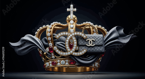 Opulent golden crown embellished with sparkling diamonds and rubies, elegantly showcasing a luxurious quilted handbag featuring an iconic 'CC' logo, symbolizing high-end fashion and regal grandeur.