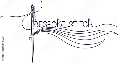 A clean and elegant continuous line art logo design featuring a stylized sewing needle with thread intricately forming the words 'Bespoke Stitch' perfect for tailoring and fashion.