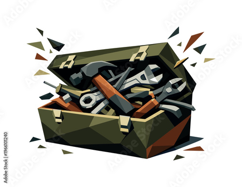 Low-poly vector illustration focused on toolbox drop open with tension and resistance, angular toolbox partially open as tools