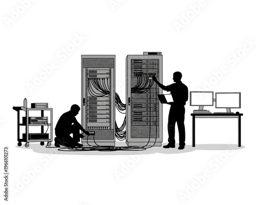 Two IT technicians work diligently managing complex network cables within tall server racks during maintenance