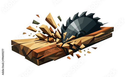 Low-poly vector illustration focused on sawdust spray cut with tension and resistance, angular saw blade partially embedded in