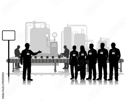 A diligent factory worker, wearing a hard hat, guides a diverse group of visitors through a complex industrial manufacturing plant.