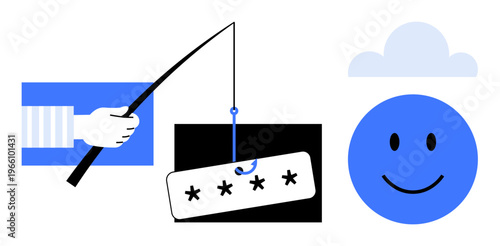 Phishing concept. Visual ation of phishing with a hooked password and cloud symbol. Phishing targets sensitive data, online security, and digital systems. Use for cybersecurity, online threats, data