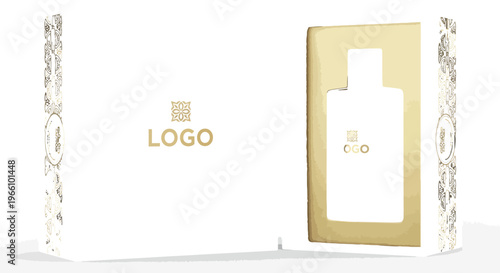 Luxury black and gold perfume bottle and matching packaging box with intricate design details standing elegantly displayed on a clean white background.