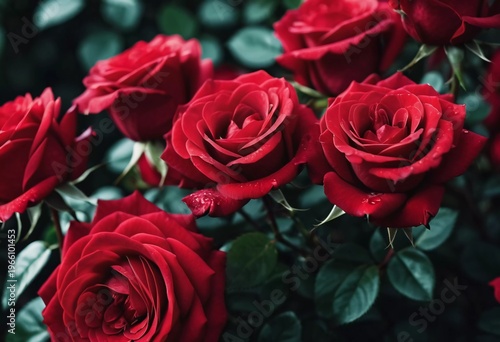 Red roses are in full bloom in a garden. Water droplets rest on the petals Generative AI