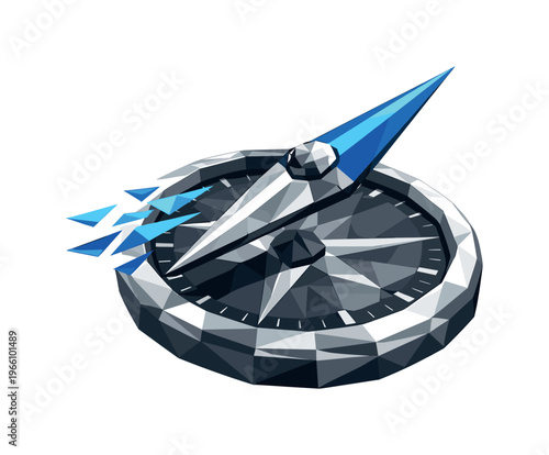 Dynamic Compass Alignment. Low-poly vector illustration of a compass needle drifting off direction before snapping into place,