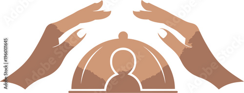 Stylized icon depicting careful protection over a person silhouette inside a serving cloche symbolizing dedicated customer service or care
