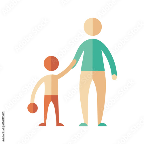 An adult holding the hand of a child playing with a ball.