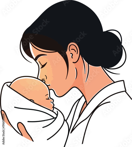 A tender moment captured in a beautiful illustration of a loving mother gently kissing her adorable swaddled newborn baby, symbolizing maternal bond and new life.