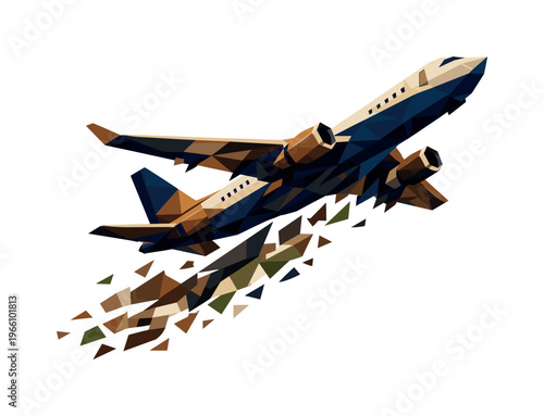 Low-poly vector illustration of an airplane fully airborne after runway takeoff, faceted wings spread wide while polygon